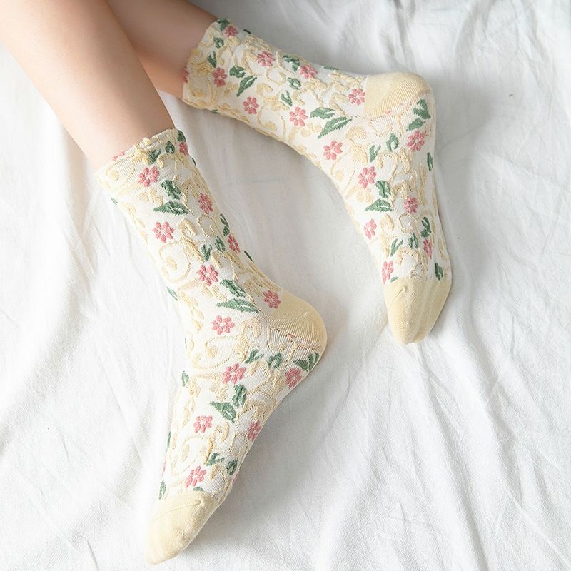 Vớ Cotton ống vừa họa tiết hoa thiết kế mới thời trang theo phong cách nhật hàn cho nữ