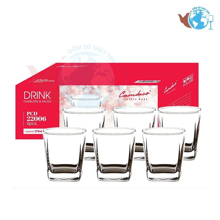 Bộ 6 ly thủy tinh 4 góc vuông PCD22006 275ML uống trà đá cao cấp