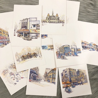 Postcard, Thiệp chúc mừng, Tranh trang trí BST Sài Gòn xưa, 10CMx15CM kèm bao thư Kraft
