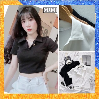 Áo Croptop Ôm Tay Ngắn Cổ Trụ PLO Ulzzang, Áo Croptop Có Cổ Cao Cấp