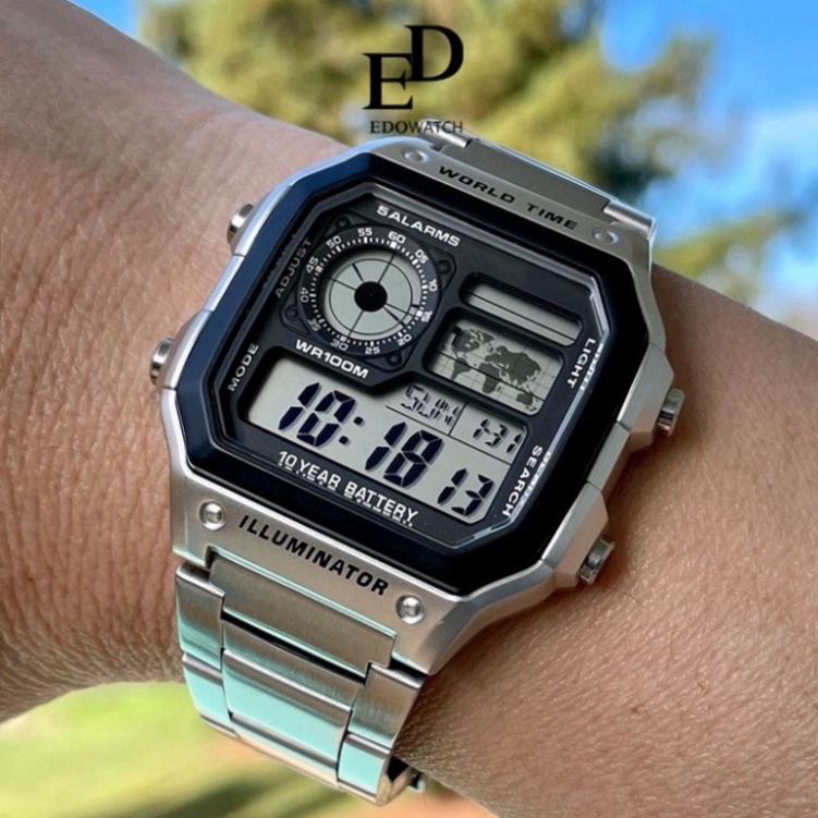 Đồng Hồ Điện Tử Nam chống nước AE1200 mặt vuông, dây kim loại thép đúc thiết kế kiểu dáng thời trang, nam tính DH09