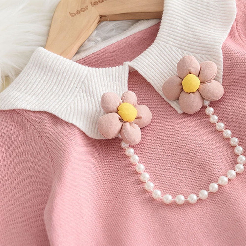 BEAR LEADER Set Đồ Mùa Thu 2 Món Gồm Áo Sweater Tay Dài In Họa Tiết Hoa Ba Chiều Và Quần Dệt Kim Cho Bé Gái 3-7 Tuổi