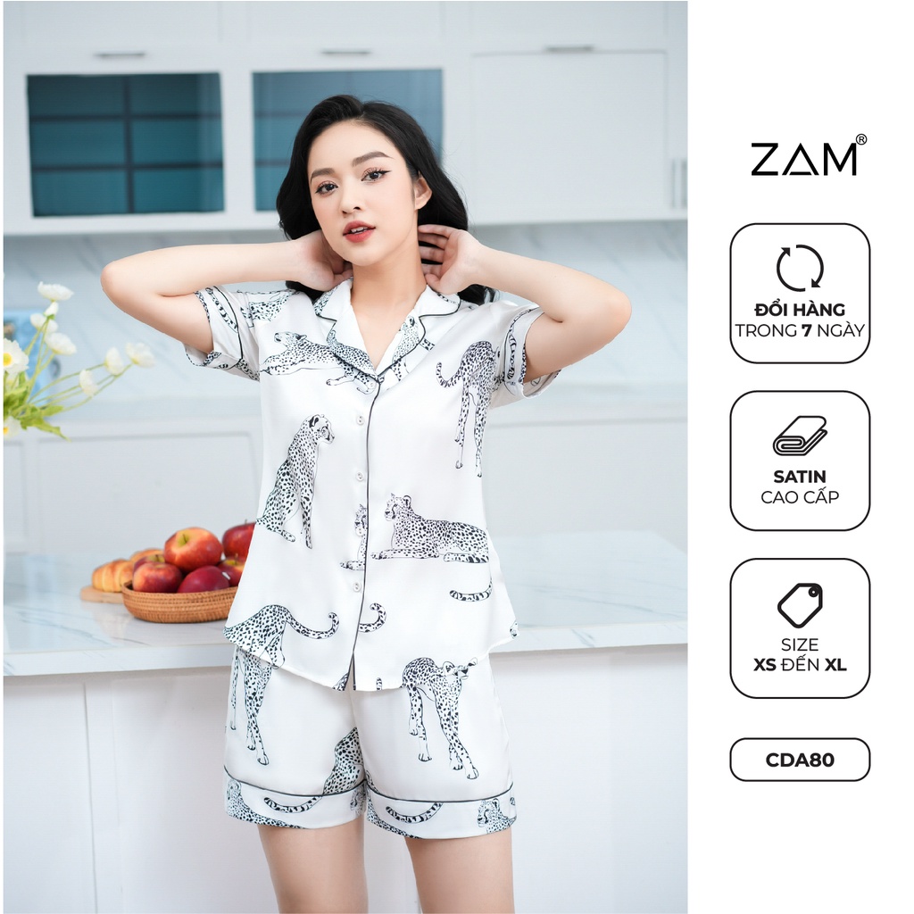 Bộ mặc nhà satin ZAM Luxury - CDA80 - áo ngắn tay quần đùi hoạ tiết