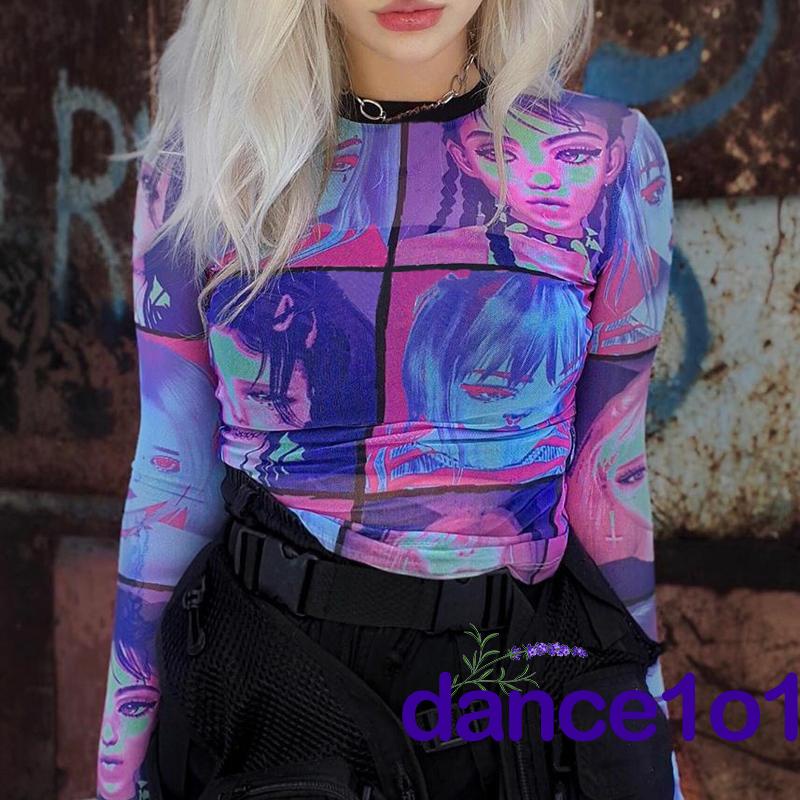 Áo thun nữ ôm tay dài in hình khuôn mặt người nhiều màu