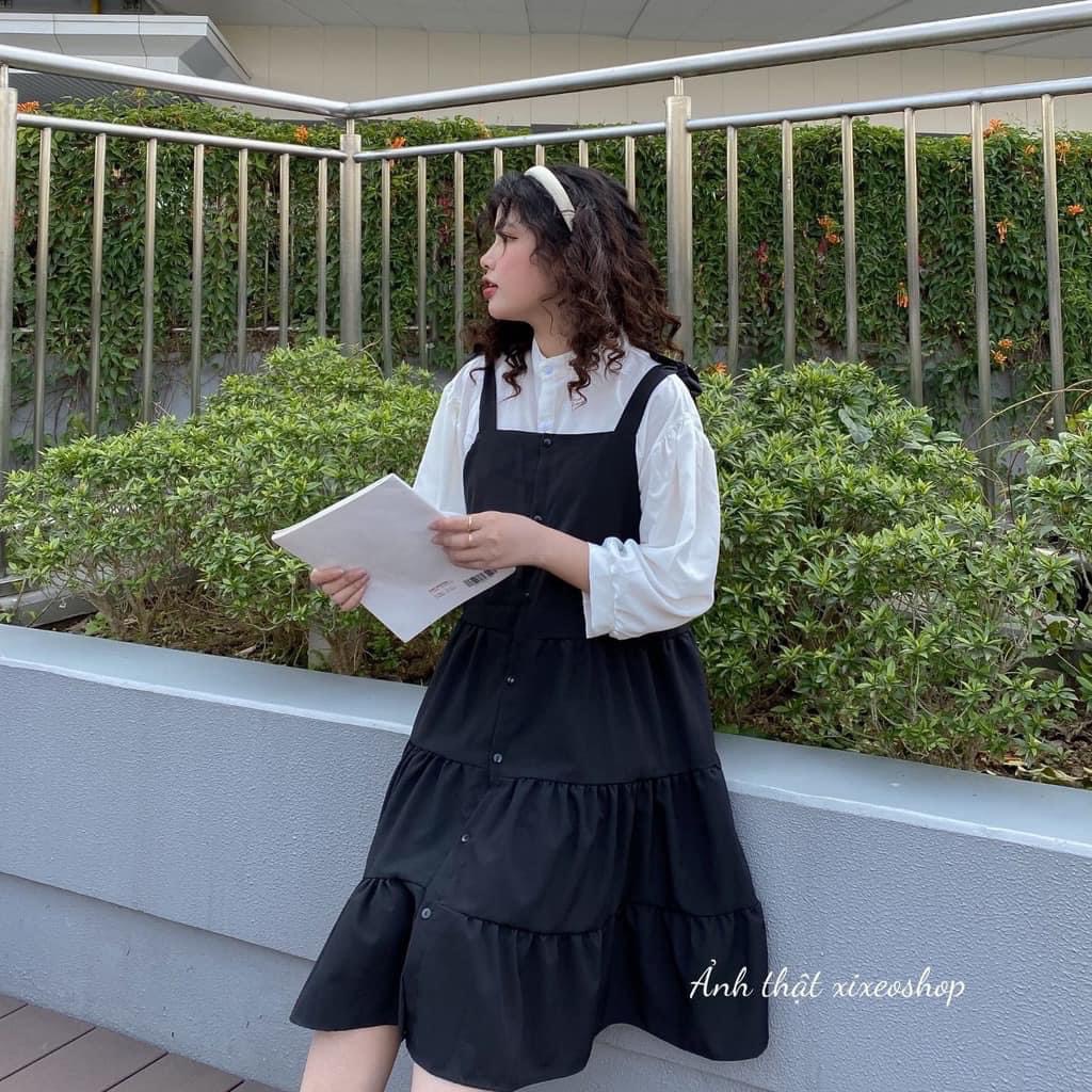 Sét yếm váy 2 dây babydoll Thắt nơ kèm sơ mi tay bồng cổ tàu chất voan phong cách ulzzang hàn quốc-TONGKHOQUANAO