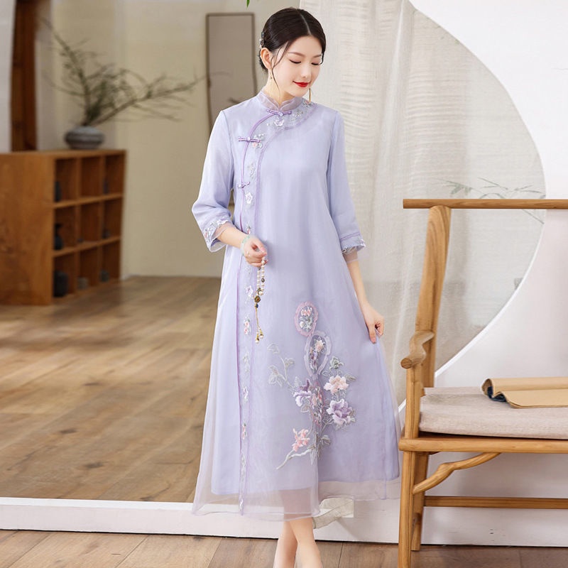 ☻ L O T U S ☻ Đầm Sườn Xám Thêu Họa Tiết Plus Size Thanh Lịch Cổ Điển Dành Cho Nữ Cor1800