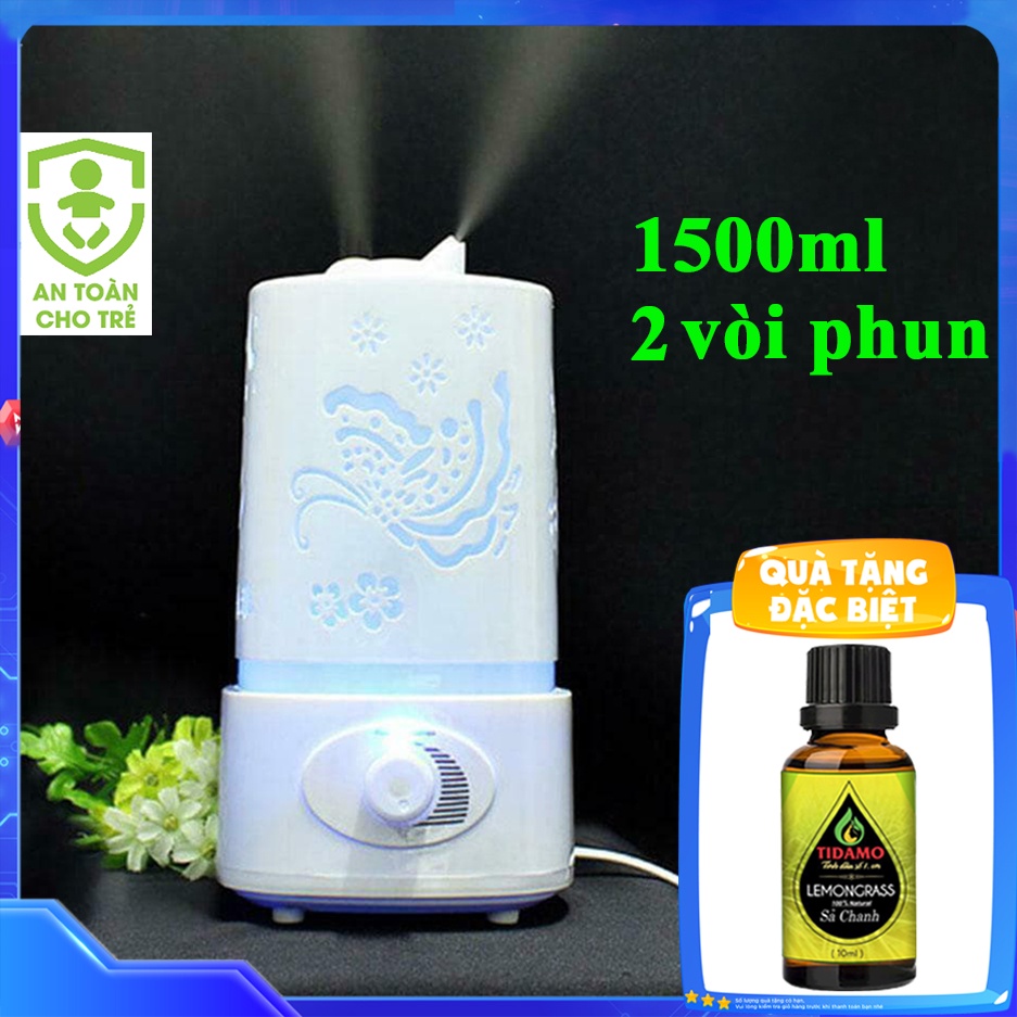 Máy Xông Tinh Dầu Dung Tích Lớn, 2 Vòi Phun Mạnh Mẽ, Đèn LED 7 Màu Cực Đẹp - Tặng Kèm Tinh Dầu Sả Chanh TIDAMO 10ML