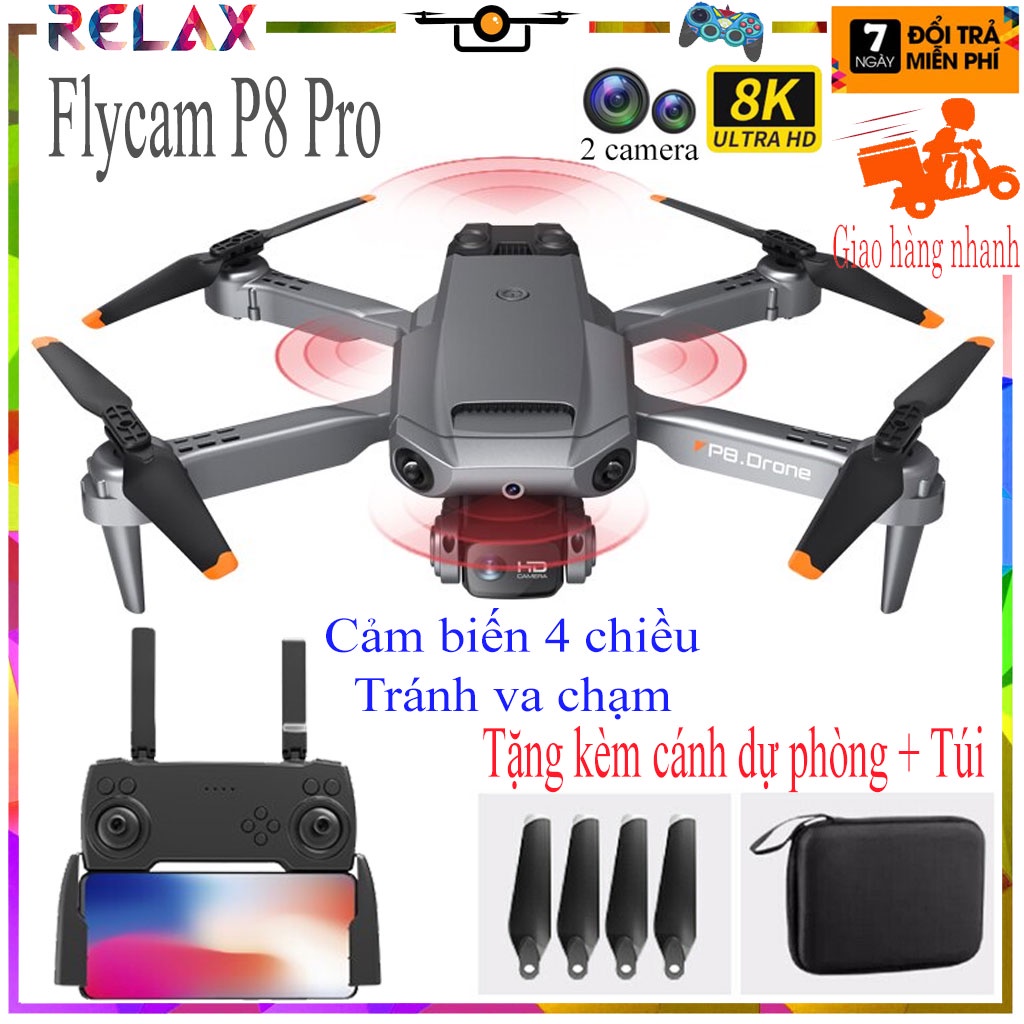 🎁Tặng túi đựng🎁 Máy bay flycam mini P8-GPS 2 camera HD kết nối wifi, Flycam mini trang bị động cơ không chổi than