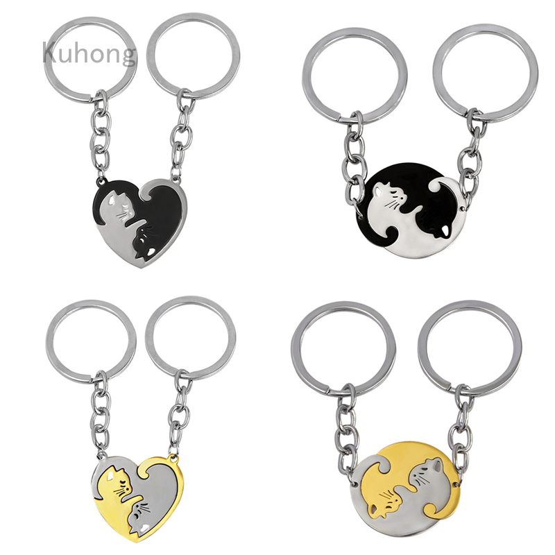 Móc Khóa Tình Bạn Bằng Thép Không Gỉ Hình Mèo Và Trái Tim