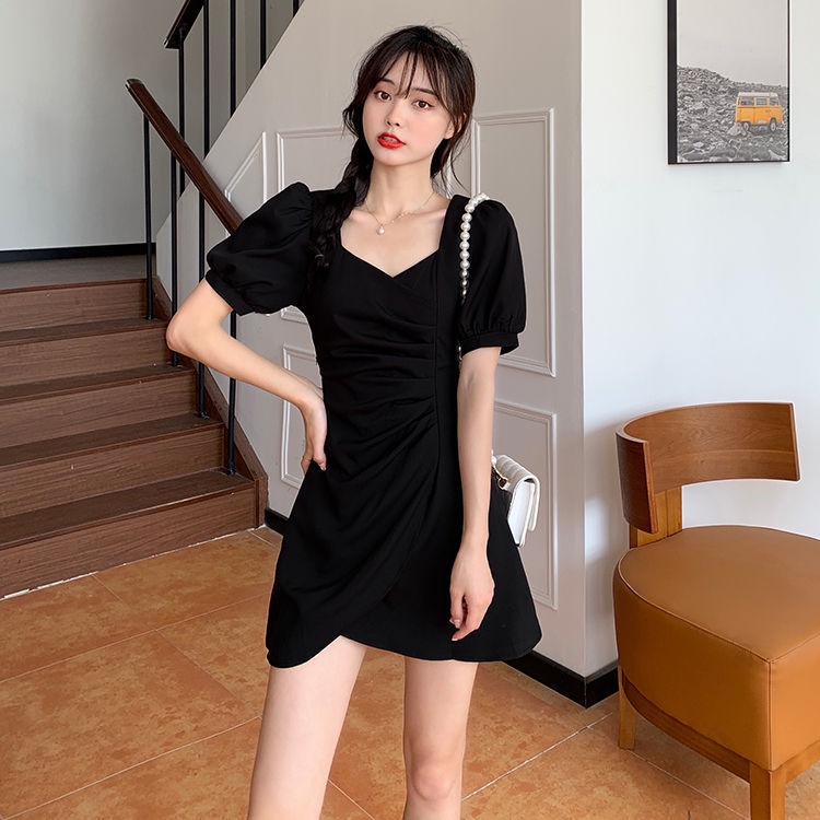 IELGY     Đầm Đen Ngắn Tay Thiết Kế Không Đồng Đều Thời Trang Theo Phong Cách Pháp Cho Nữ