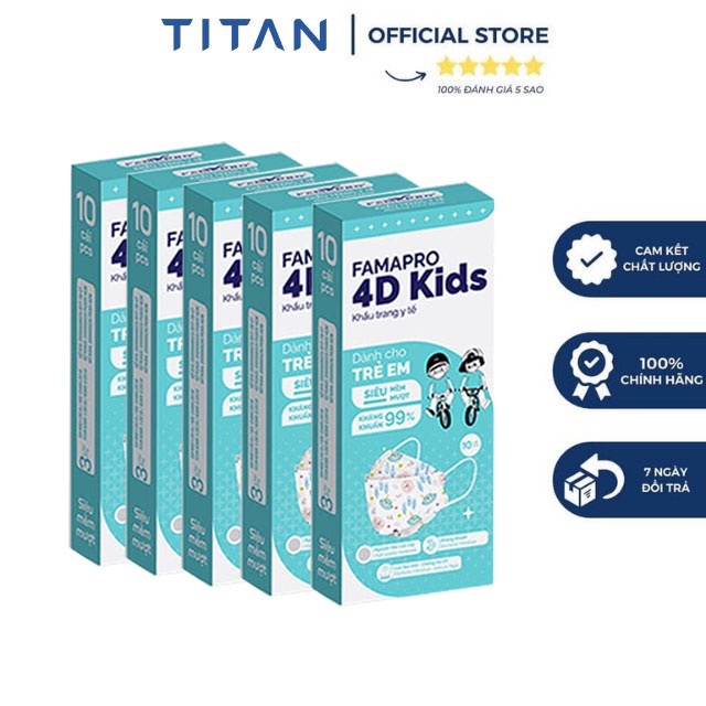 [4D KIDS - COMBO 5 HỘP] Khẩu trang 4D KIDS (kf94) Famapro 3 lớp kháng khuẩn cao cấp cho bé 3-6 tuổi (10 cái/ hộp)