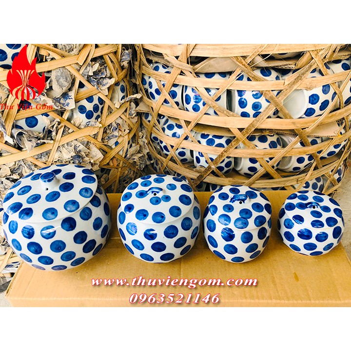 Hũ đựng ga vị, mỡ và mẻ bằng sứ  Bát Tràng  chấm bi xanh