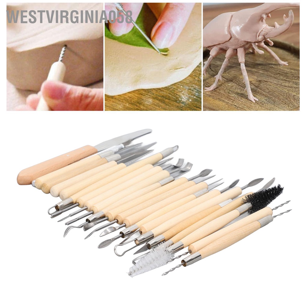 Westvirginia058 22 cái Dụng cụ điêu khắc Gốm đất sét đôi tay cầm bằng gỗ Bộ dụng chạm gốm để tự làm