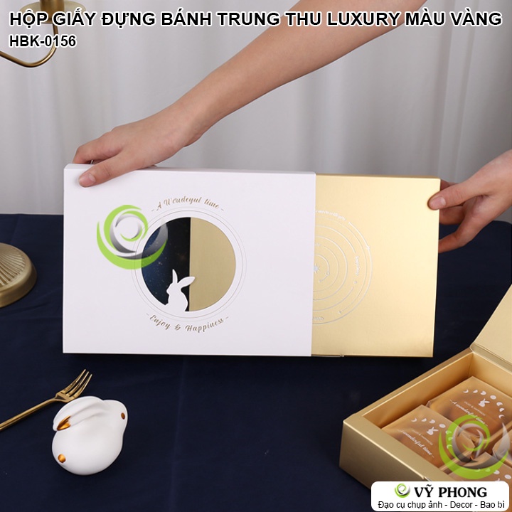 HỘP GIẤY ĐỰNG BÁNH TRUNG THU MÀU VÀNG LUXURY NẮP MỞ VÀ BAO NGOÀI IN HÌNH THỎ HỘP QUÀ TẶNG DỊP LỄ TẾT HBK-0156