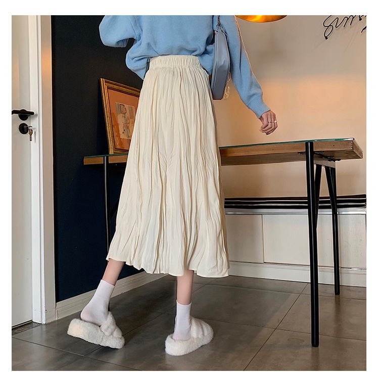 Chân váy midi SUXI lưng cao xếp ly thời trang mùa thu phong cách Hàn Quốc dành cho nữ