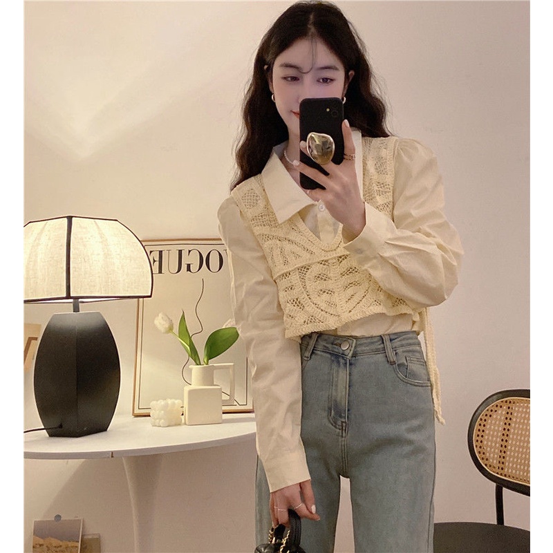 Set Áo Sơ Mi polo Tay Dài Dáng Rộng Màu Trơn Phối Áo Lưới Không Tay Thời Trang Hàn Quốc Cho Nữ