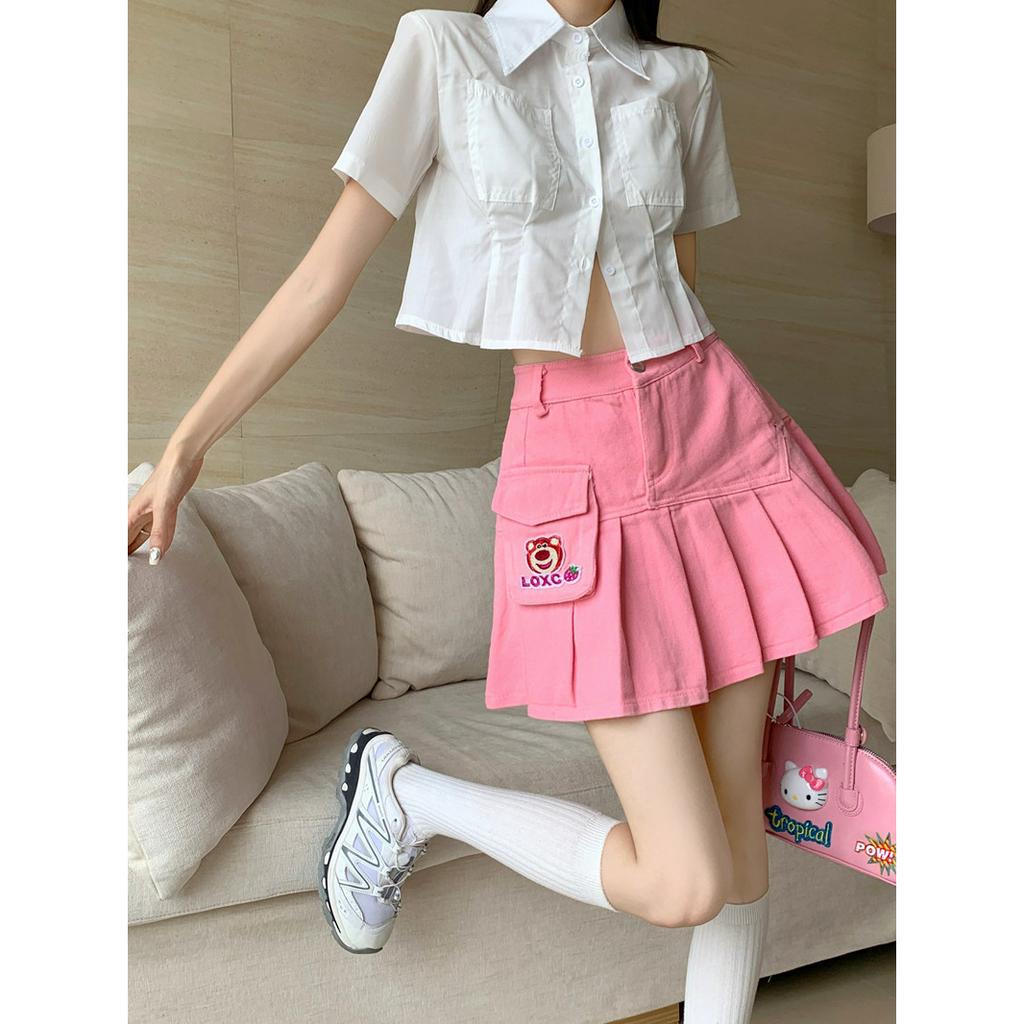 Lalisas Chân váy jean Ngắn Chữ A Xếp Ly Lưng Cao Màu Hồng In Họa Tiết Gấu Và Dâu Tây Dễ Thương Thời Trang Cho Nữ