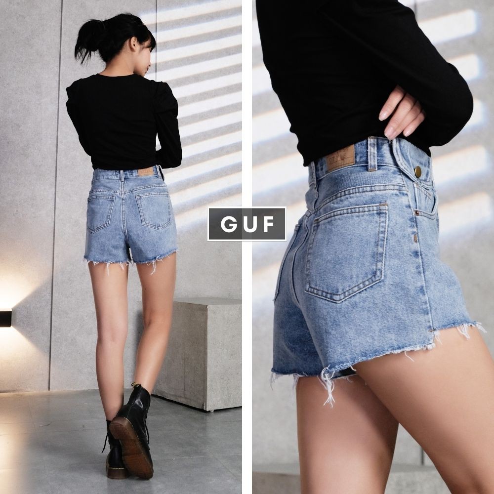 Quần Short Jean Nữ Thương Hiệu GUF Trơn Màu Xanh Chất Bò Cao Cấp Cạp Cao Dáng Rộng Chữ A | BigBuy360 - bigbuy360.vn