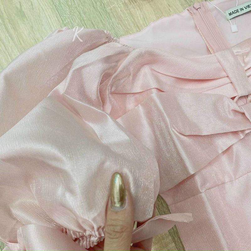 đầm hồng tafta xếp ngực