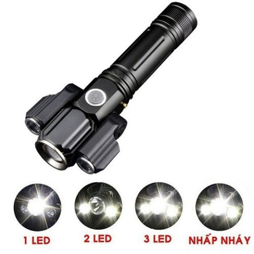 Đèn pin cầm tay 3 đầu Electric Torch siêu sáng 4 chế độ, đa góc chiếu Bảo hành uy tín