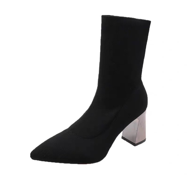 Boots len nữ mũi nhọn cổ ngắn gót bạc cao 7cm không khoá