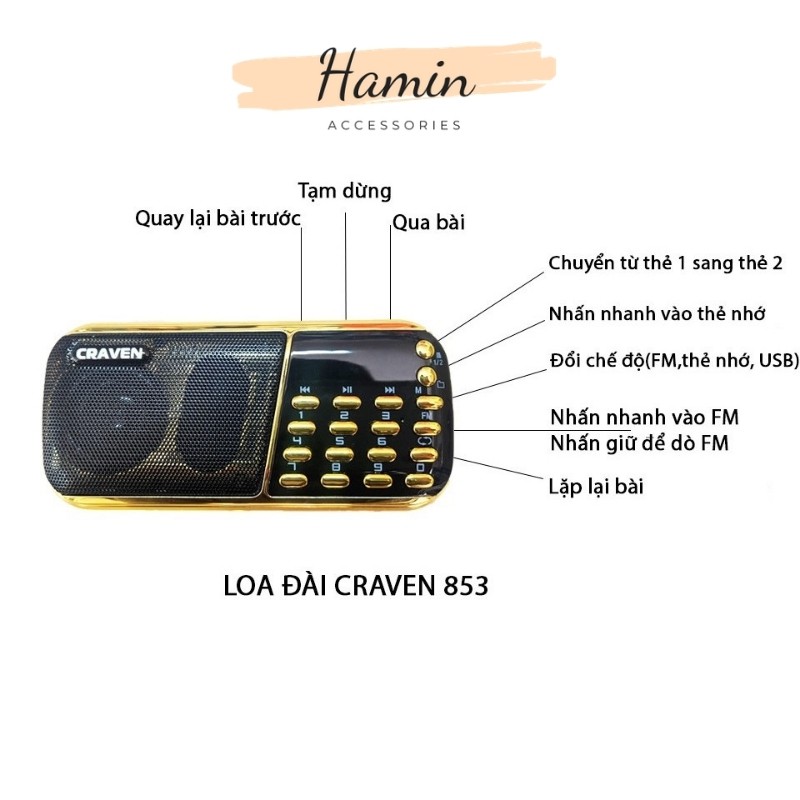 Loa nghe nhạc USB thẻ nhớ FM Craven CR-853 Máy nghe pháp nghe tụng kinh sử dụng pin siêu trâu.