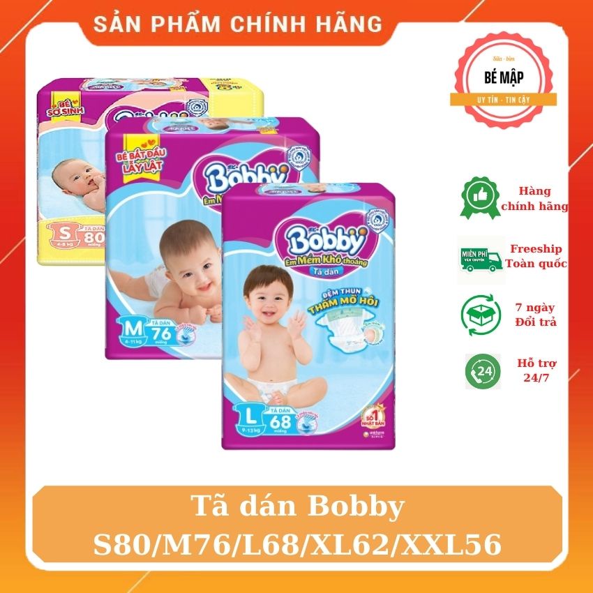 Tã dán Bobby S80/M76/L68/XL62/XXL56