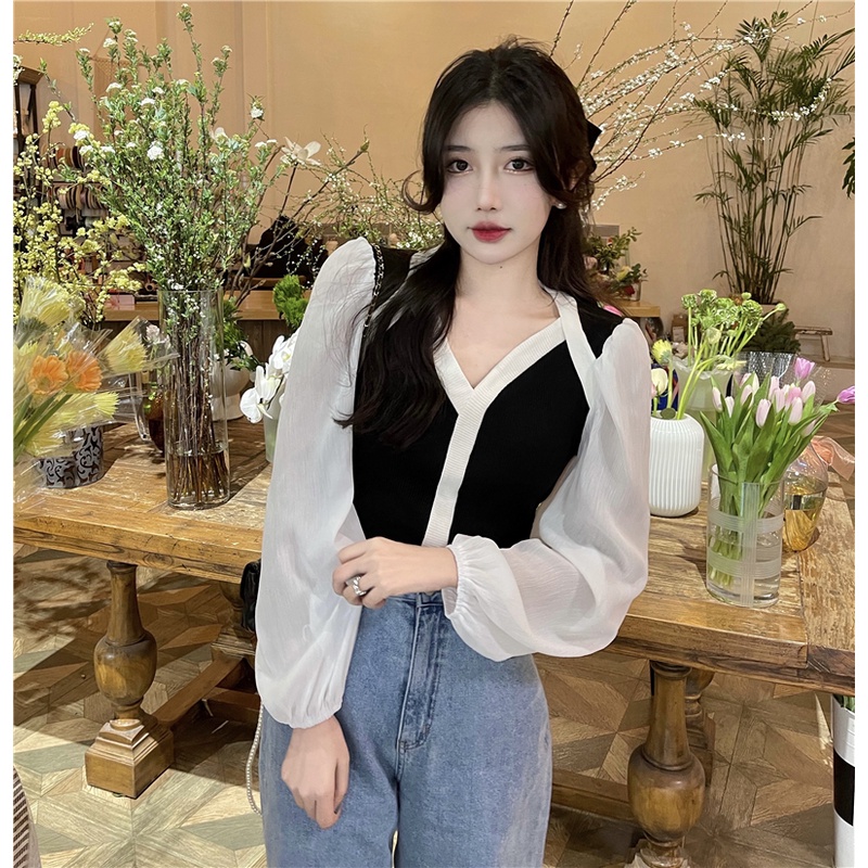 【ZHELIHANGFEI】Áo Chiffon Dệt Kim Tay Phồng Cổ Chữ V Hở Xương Quai Xanh Sang Trọng
