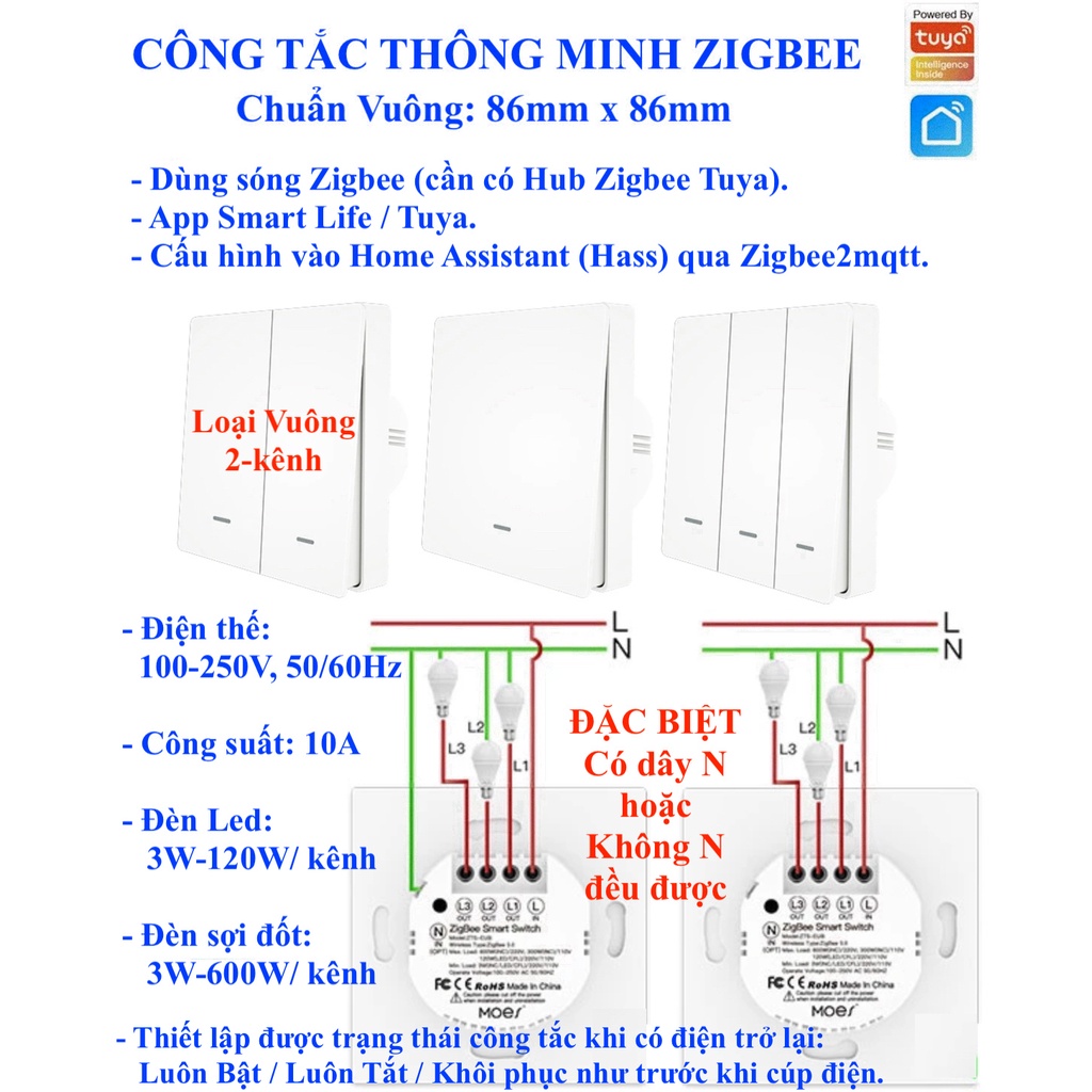 Công tắc thông minh hệ Tuya, Zigbee, chuẩn vuông Châu Âu 86x86, App Smart Life/ Tuya/ Home Assistant (Hass)-