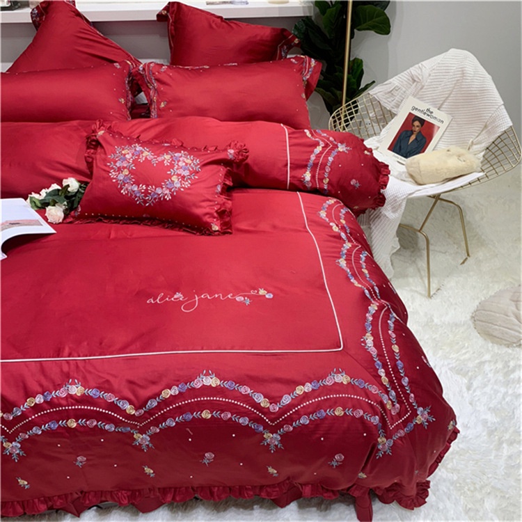 1732224 Bộ chăn ga cưới cotton lụa thêu 4CT cao cấp hàng nhập 150-180x200cm