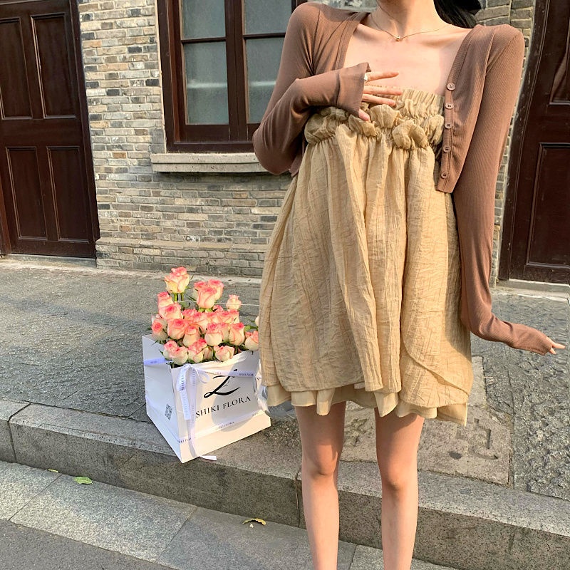 Sweet Spice Girl shoulder strap dress Women's Summer French Advanced feeling Pure temperament sleeveless loose short skirt
