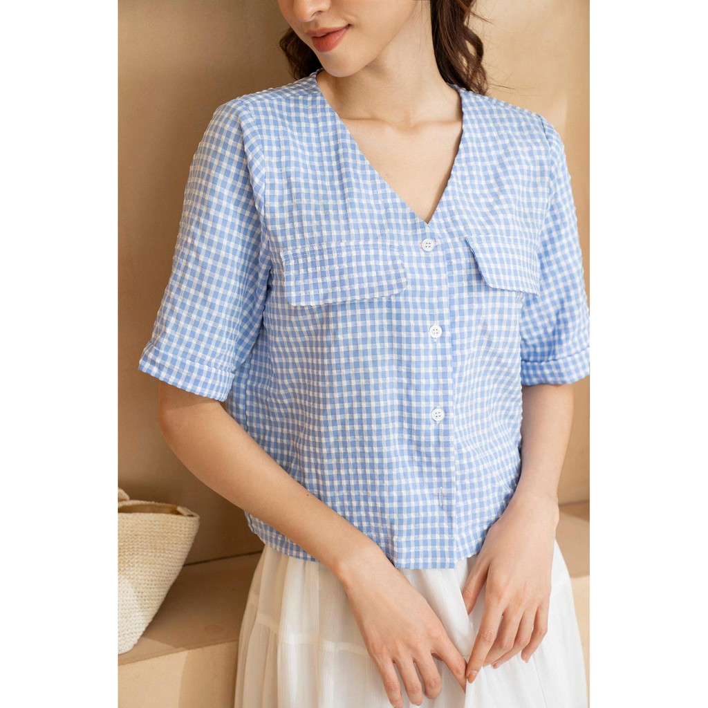 Áo cổ tim 2 nắp túi ngực tay gập gấu TIIN STORE AHN297