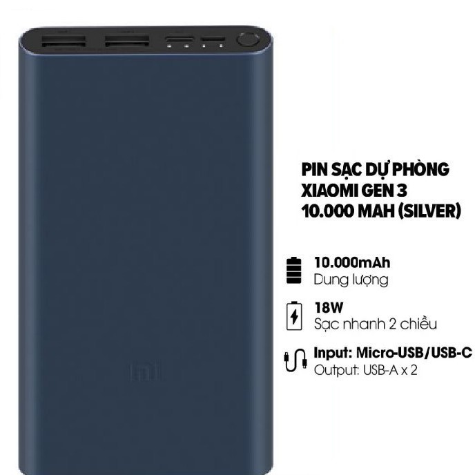 GIÁ HỦY DIỆT, CHÍNH HÃNG PIN Sạc Dự Phòng Xiaomi GEN 3 18W 10000 mAh, USB, type C Fast Charge Power Bank 11 PRO MAX PD