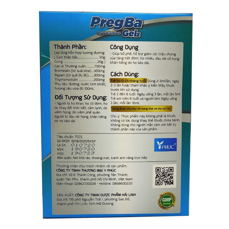 Siro hỗ trợ bổ phế cắt giảm cơn ho PregBa Gelz