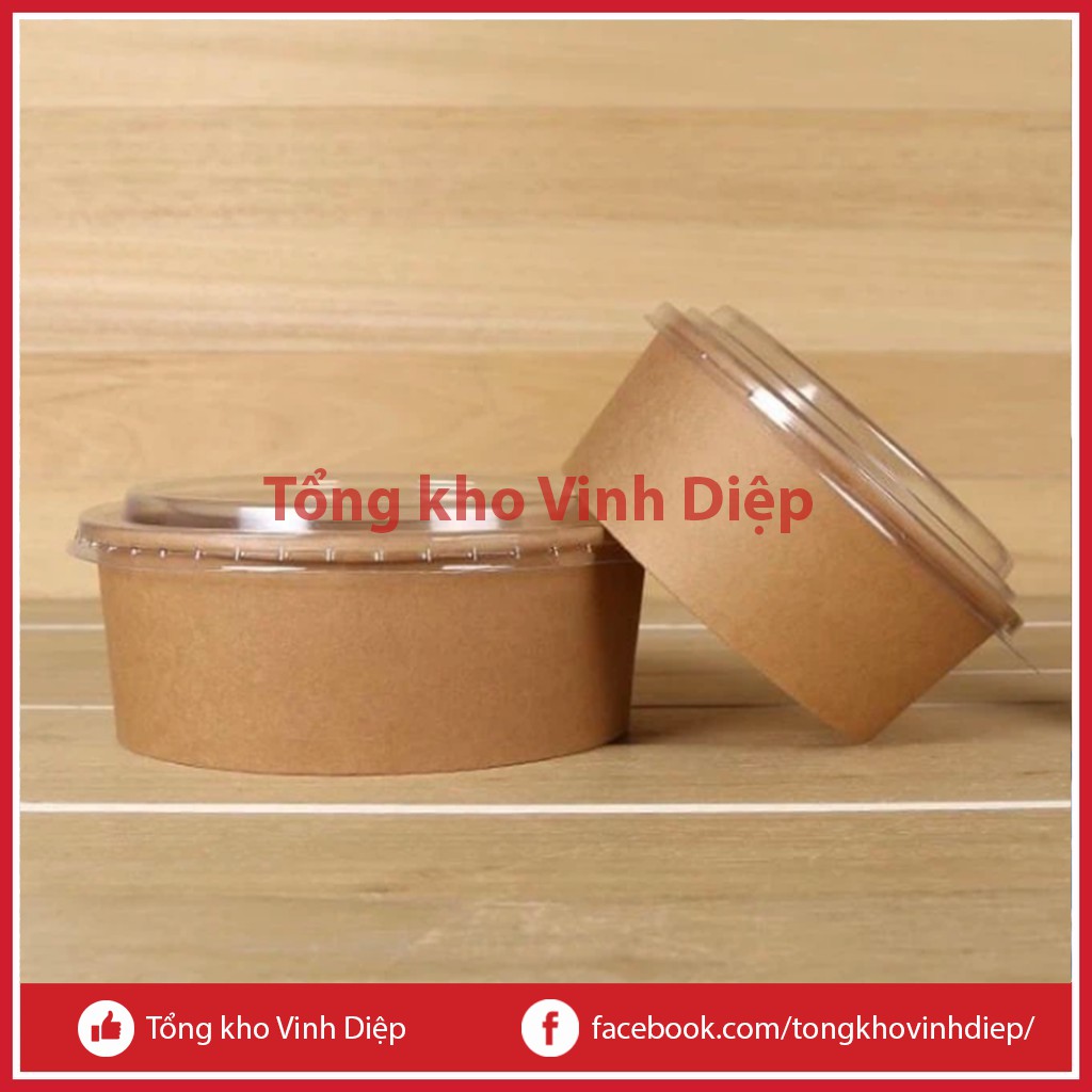 50 Bát giấy Kraft tròn, Tô Giấy Kraft nâu 750ml - 1000ml kèm nắp đựng mì, phở, bún, cháo, kem, hoa quả, salad