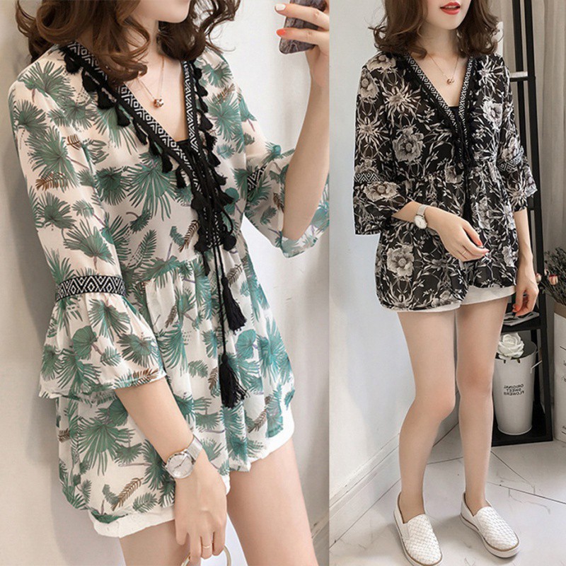 Women Fashion Long Sleeve Shirt V-Neck Loose Floral Chiffon Tops Dress