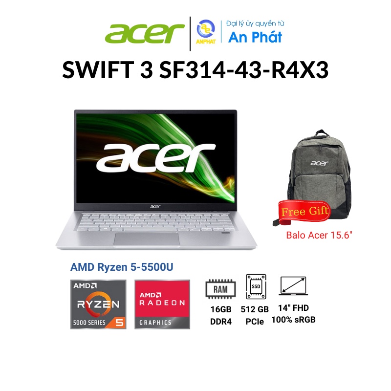 [Mã ELBAU7 giảm 7%] Laptop Acer Swift 3 SF314-43-R4X3 (Ryzen 5-5500U + 14 inch FHD)