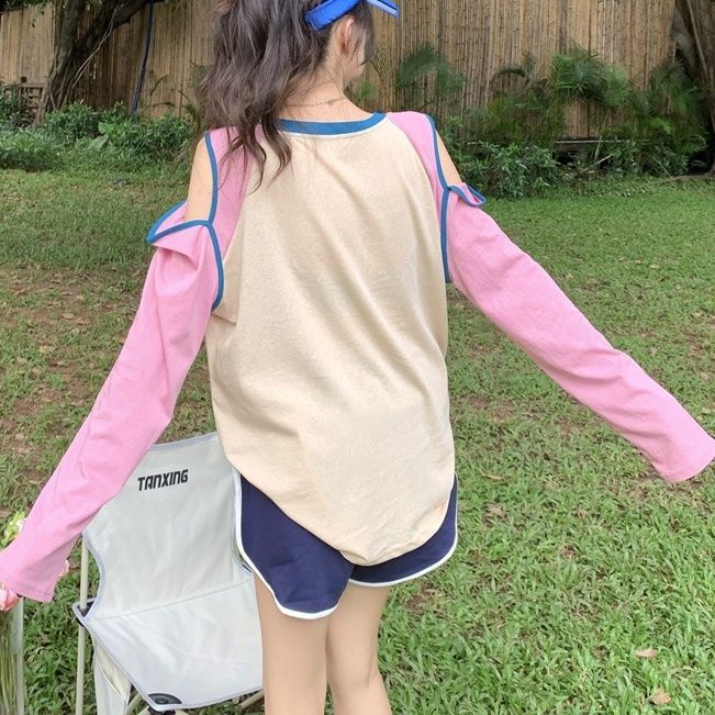 Áo Thun Tay Dài Dáng Rộng Hở Vai In Hình Gấu Phong Cách Hàn Quốc Cho Nữ