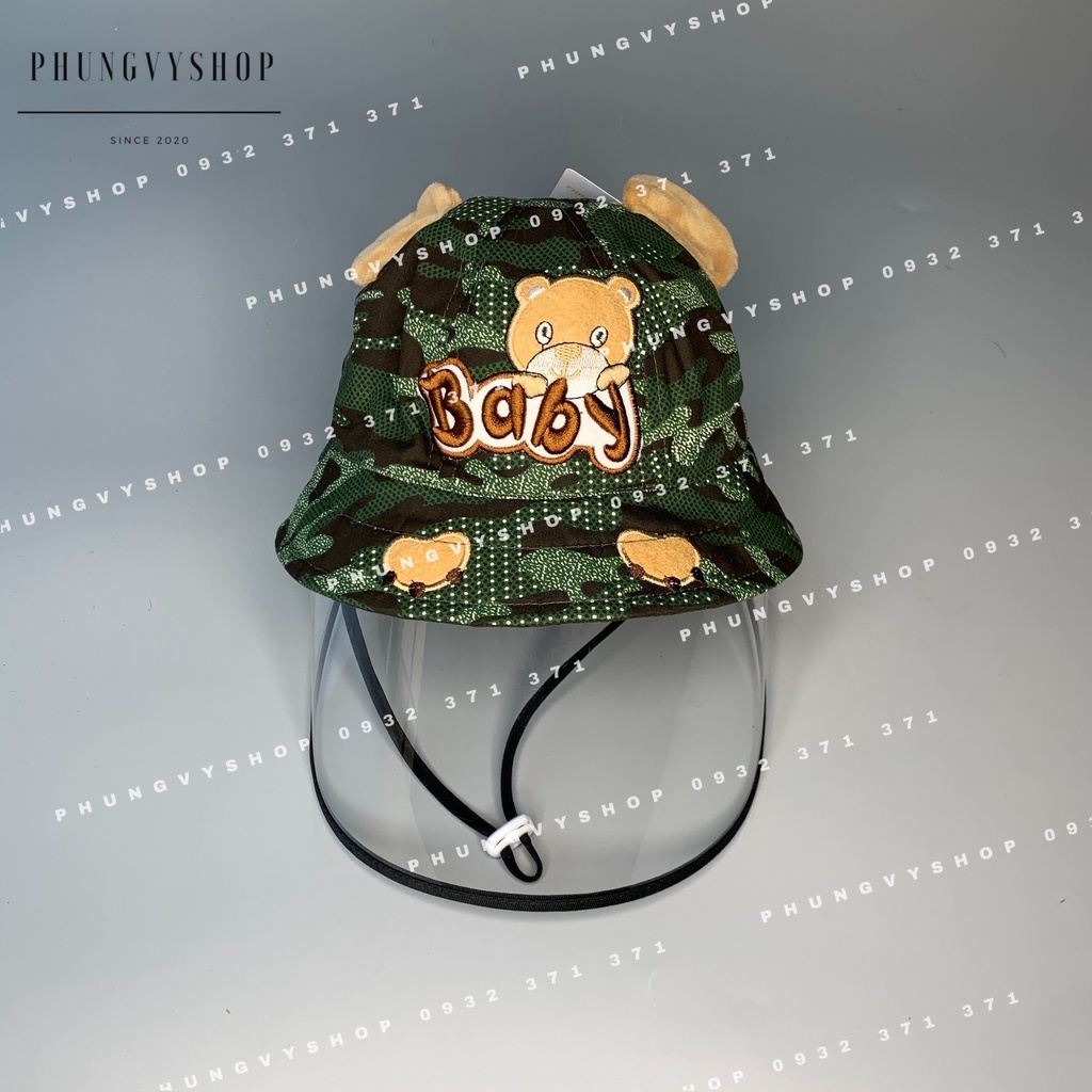 (Bé dưới 18 tháng/ Vòng đầu 48cm) Mũ CHỐNG GIỌT BẮN cho bé trai bé gái - BẠN GẤU ĐI LÍNH- Nón cản bụi