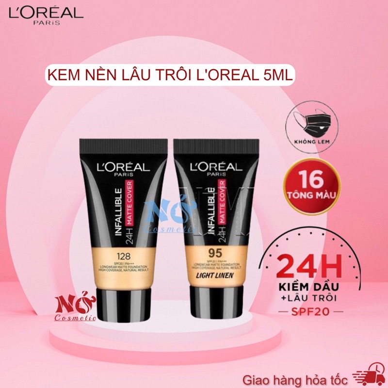 (Mini size)Kem nền 24h Kiềm dâu lâu trôi L'Oreal Paris chai mini 5ml Loreal Infallible 24h Matte Cover