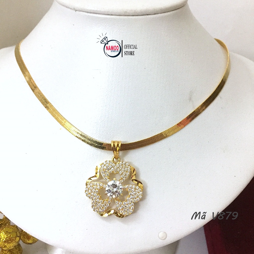 Dây Chuyền Titan Nữ V879 Cỏ Ba Lá Đính Đá Lớn Kết Hợp Dây Dẹt V007 Bền Màu