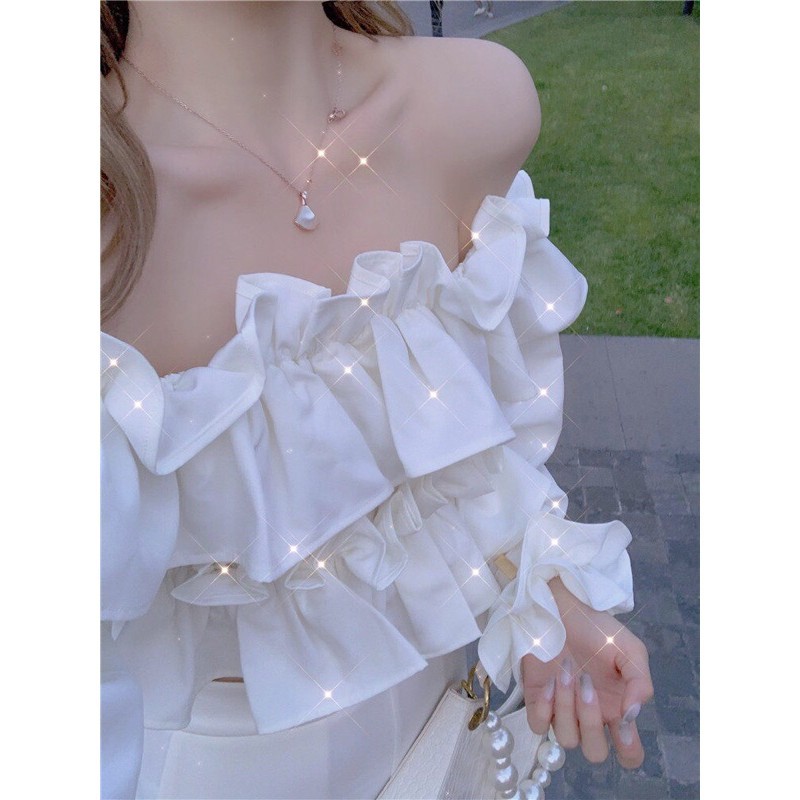 Áo croptop trễ vai bánh bèo tiểu thư, áo trắng trần trễ vai điệu đà
