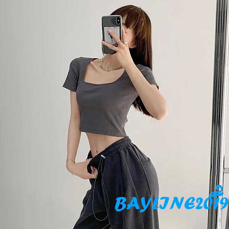 Áo Dệt Kim Tay Ngắn Cổ Chữ U Màu Sắc Trơn Thiết Kế Thoáng Khí Thời Trang Mùa Hè Cho Nữ