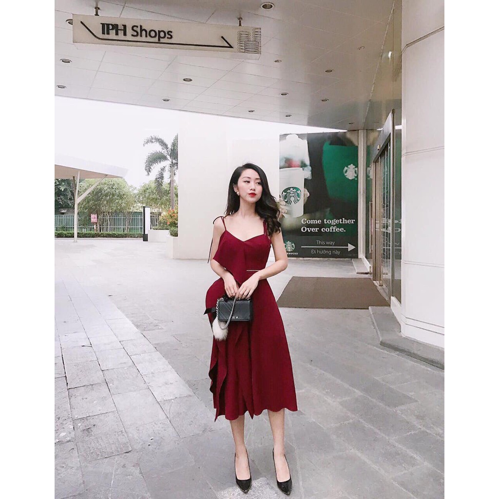 (kèm ảnh thật) Đầm midi đỏ vạt bèo đính ngọc cực sang - D449