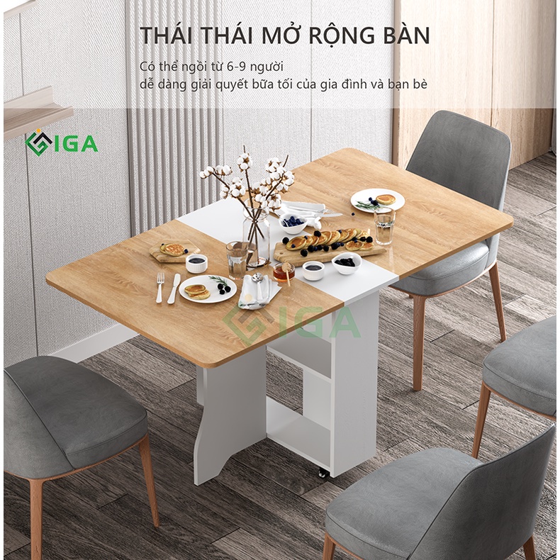 Bàn ăn thông minh IGA có kệ để đồ bánh xe xoay 360 độ