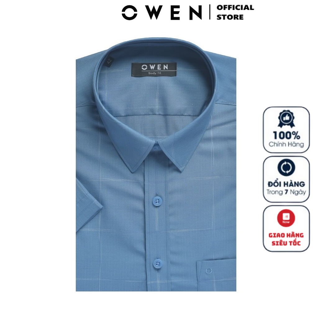Áo Sơ Mi Nam Ngắn Tay OWEN BA220076NT Somi Công Sở Cao Cấp Màu Kẻ Caro Xanh Vải Sợi Sen Dáng Suông Tà Bằng Có Túi