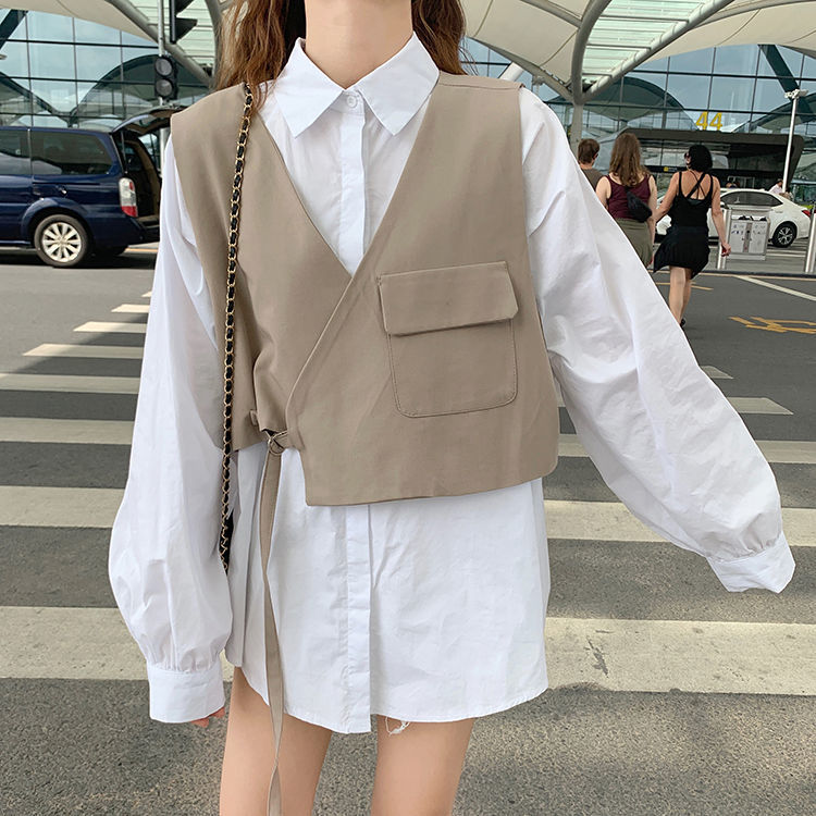 Áo sơ mi dài tay màu trơn/áo vest không tay thời trang Hàn Quốc sành điệu trẻ trung