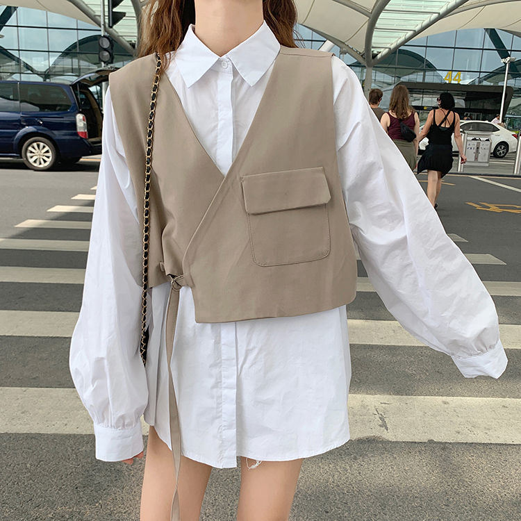 Set Áo Sơ Mi Tay Dài Màu Trơn Và Áo Vest Không Tay Thời Trang Hàn Quốc Cho Nữ