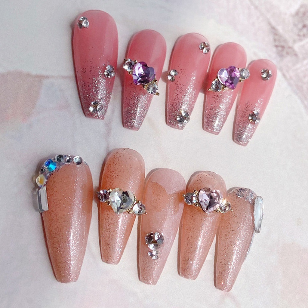 Set 10 Phụ Kiện Trang Trí Móng Tay Bằng Hợp Kim Hình Trái Tim Đính Đá DIY