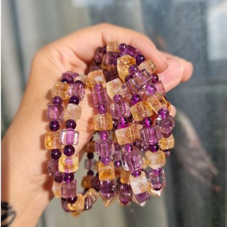 Vòng tay phong thủy đá Amethyst mix Citrine (thach anh Tím mix thach anh Vàng)